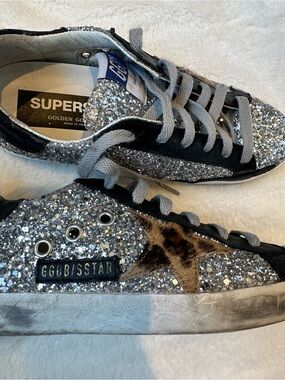Golden Goose Silver Glitter Sneakers with Leopard Star Accent 36 Authentic